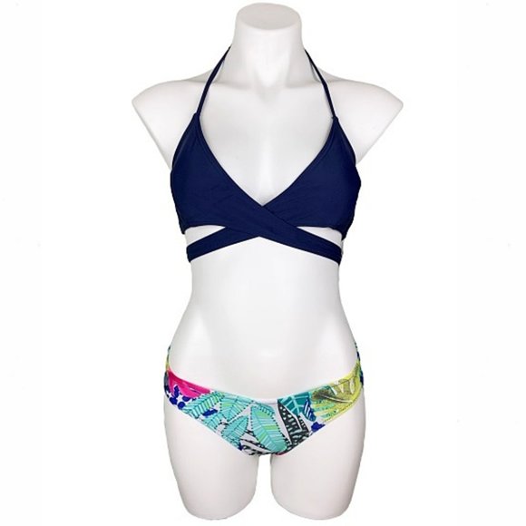 Tropical Palms Navy Halter Cross Wrap Bikini Set - Picture 3 of 8